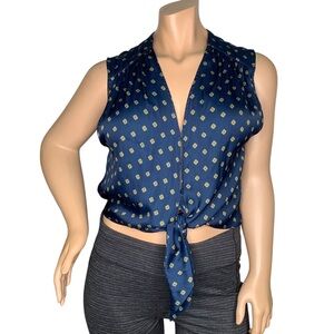 Free People Top Morning in Marrakesh Diamond Blue Satin Tie Front Plunge Size M